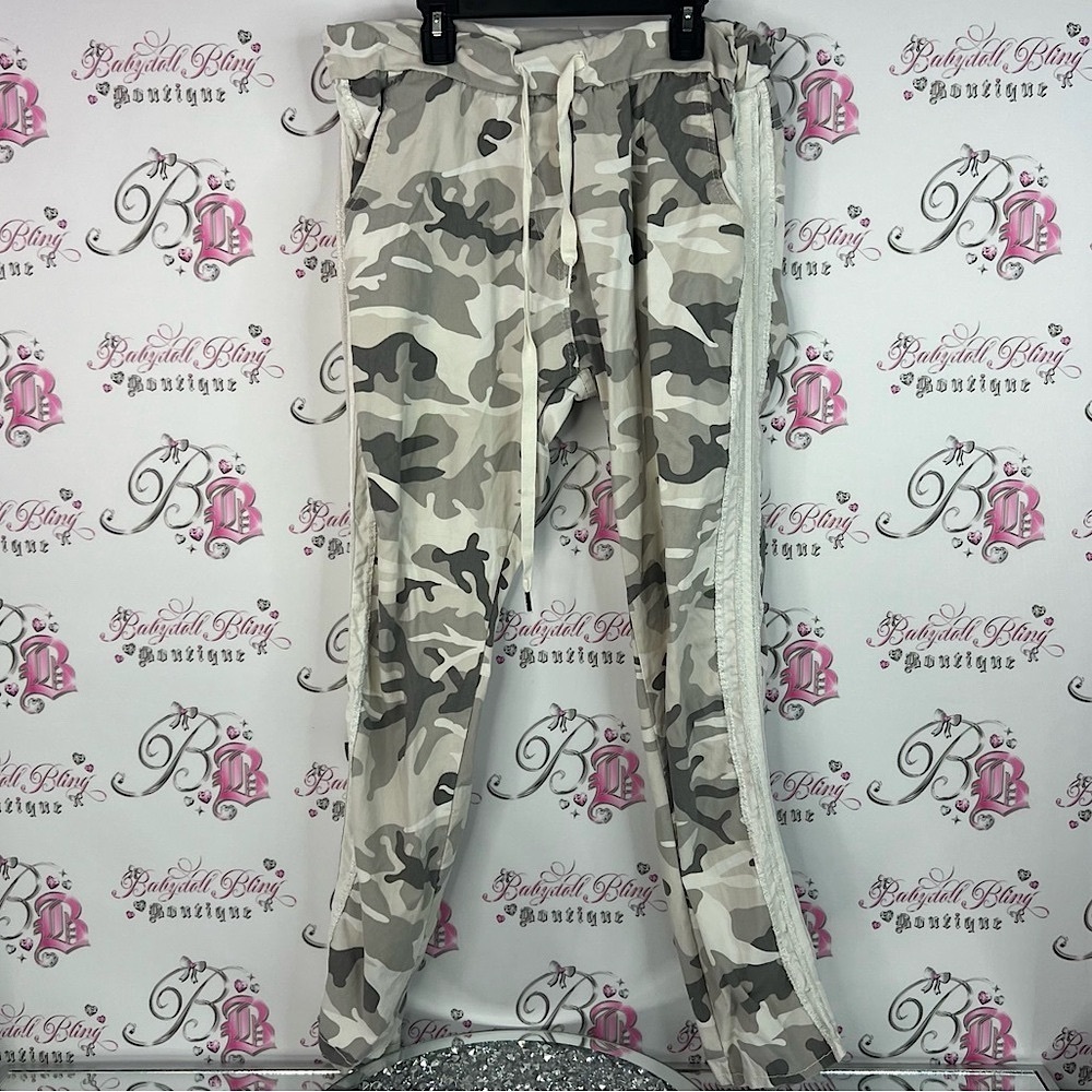 Camouflage Jogger Pants bottoms tie up waist grey cream white stretchy stripe